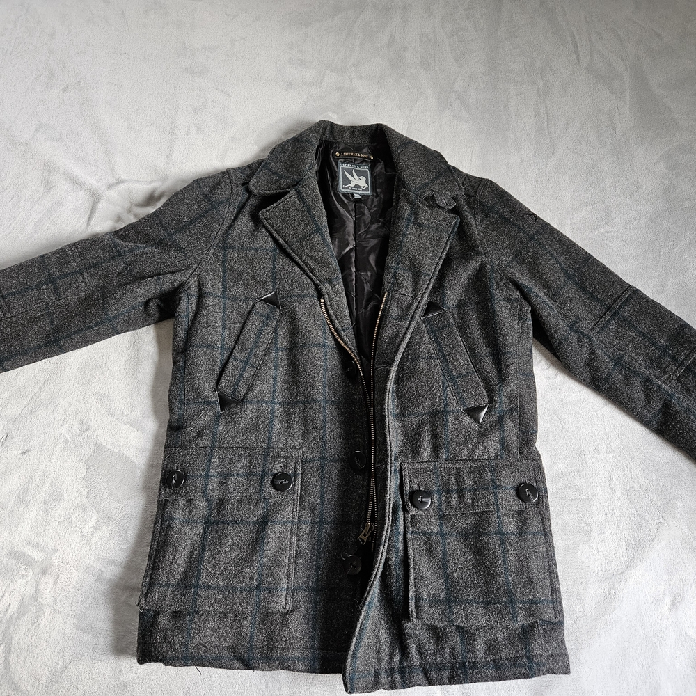 Classic Men's Black and Gray Plaid Pea Coat